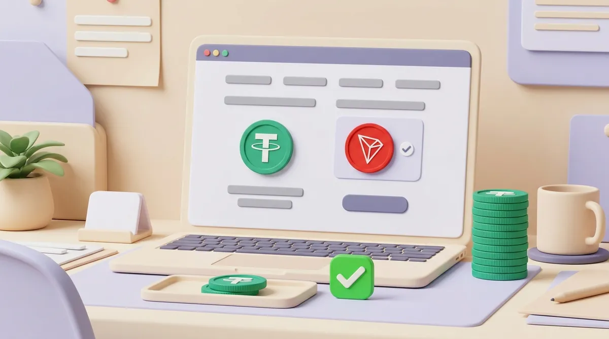 A crypto exchange deposit screen on a laptop with the Tether USDT logo and the TRON network selected; one small USDT coin has already arrived on a tray with a green check mark while a tall stack of USDT waits to be sent