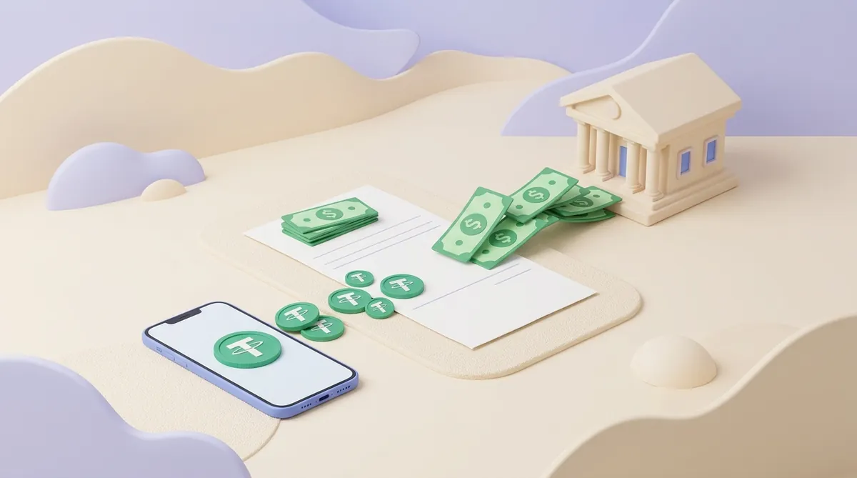 A payslip splits the pay: a stack of dollar bills goes to a bank building, a few USDT coins go to a phone wallet, and one stack of dollars stays on the payslip for tax