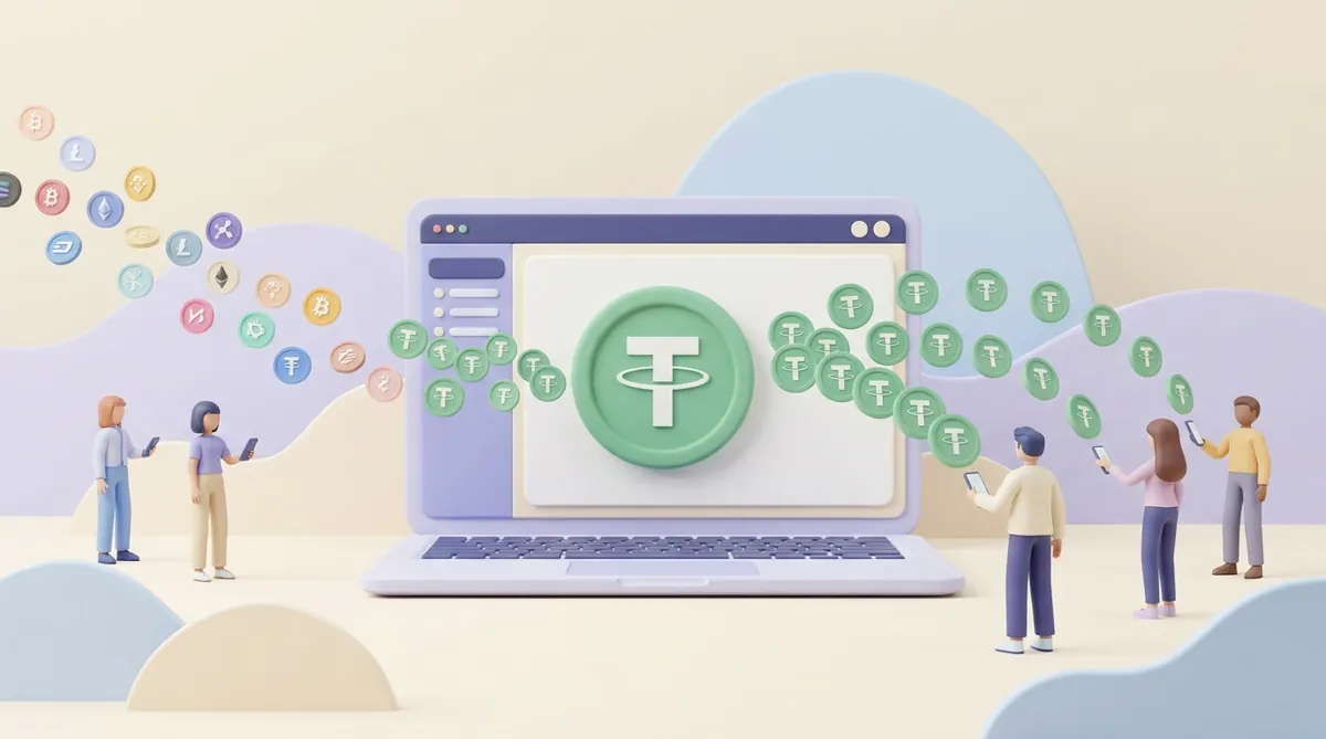 A merchant dashboard with one USDT balance: coins of different cryptocurrencies from customers flow in on the left, and USDT coins flow out on the right to team members holding phones