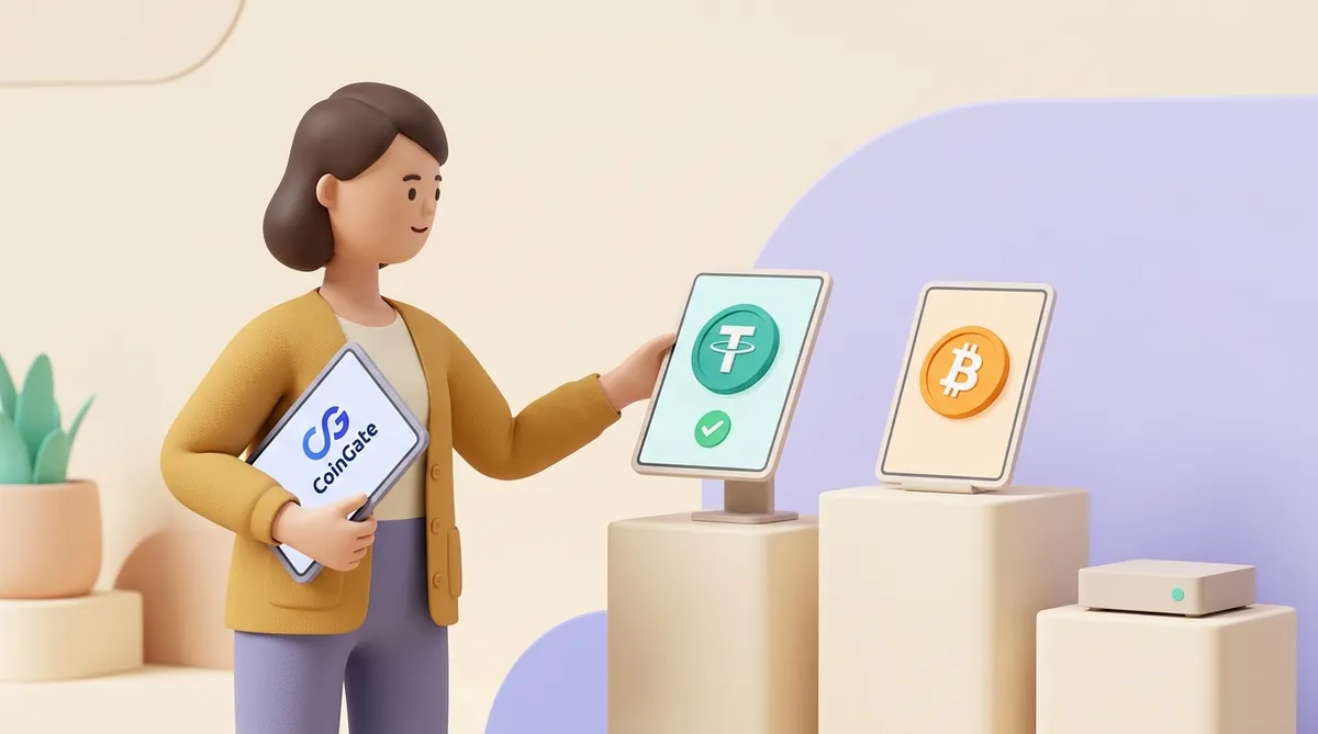 A shop owner holds her old tablet with the CoinGate logo under her arm and reaches for a new checkout tablet with a USDT coin and a green checkmark; next to it stand a tablet with a bitcoin coin and a small server