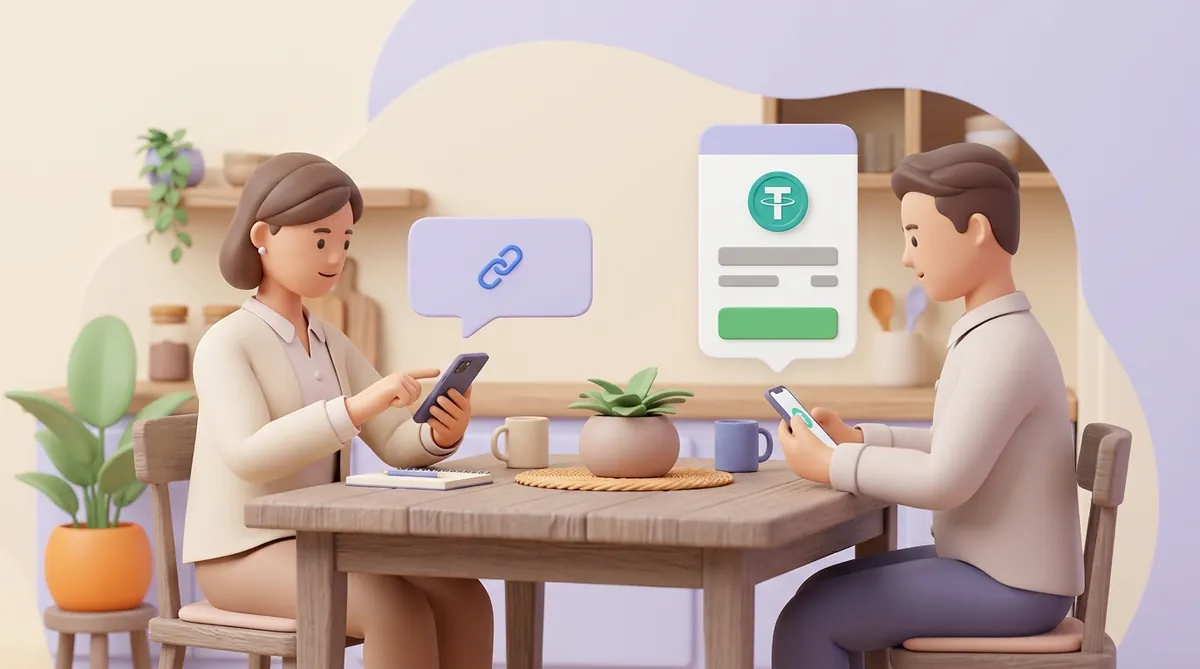 A seller sends a payment link from her phone in a chat; across the table her customer sees a payment window with a USDT coin, the amount, the fee and a green button