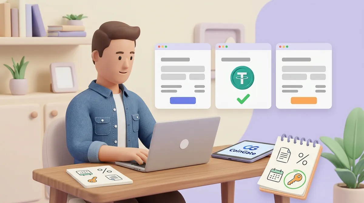 A store owner at a laptop compares three payment windows, one with a USDT coin and a green checkmark; his old tablet with the CoinGate logo lies aside next to a notepad with icons for documents, fees, dates and a key