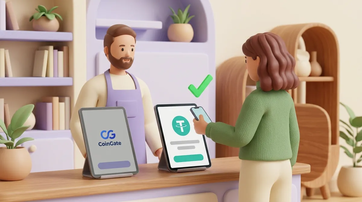 Two payment tablets on a shop counter: the old one with the CoinGate logo still stands while a customer pays on the new one with a USDT coin and a green checkmark