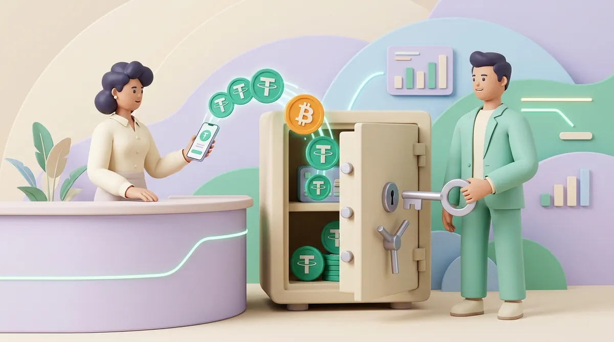 A business owner moves USDT and bitcoin coins from her phone into a separate company safe while her partner holds the safe's key