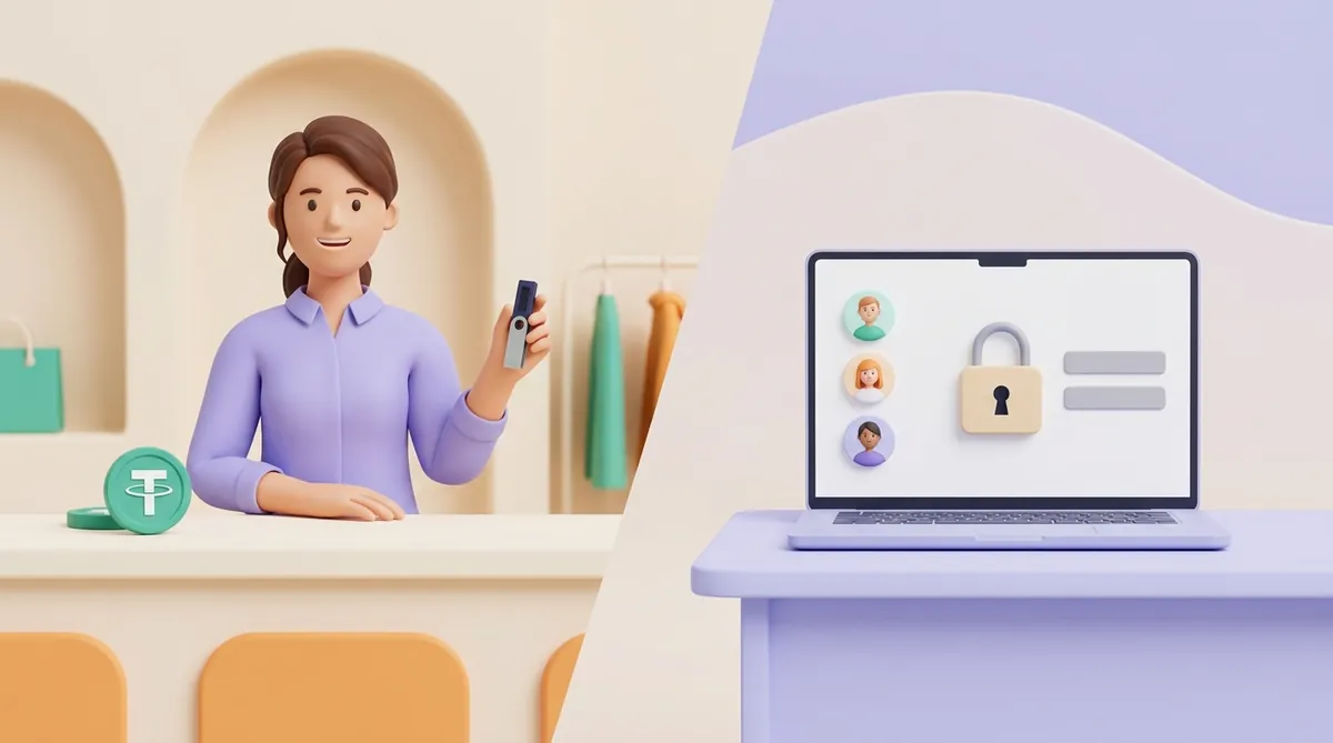 A shop owner behind her counter holds a hardware wallet next to a USDT coin, while on the other side a laptop shows a business account sign-in with three staff avatars and a padlock