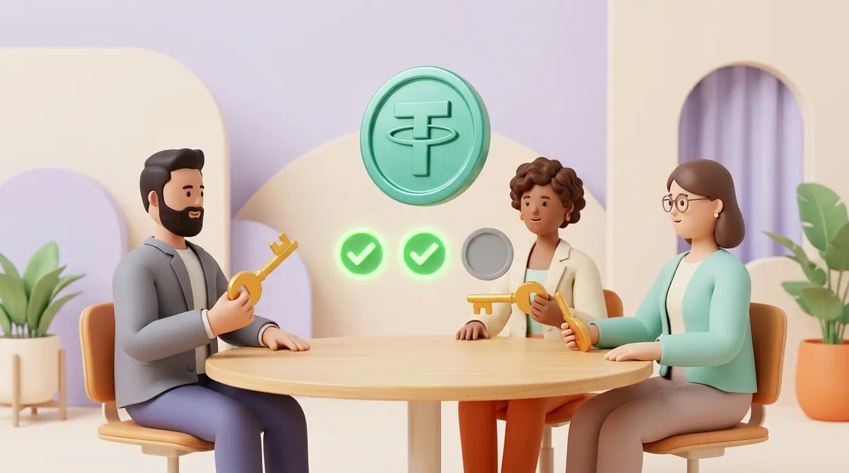 Two co-founders and their accountant hold golden keys around a table under a USDT coin with two of three approval marks lit green