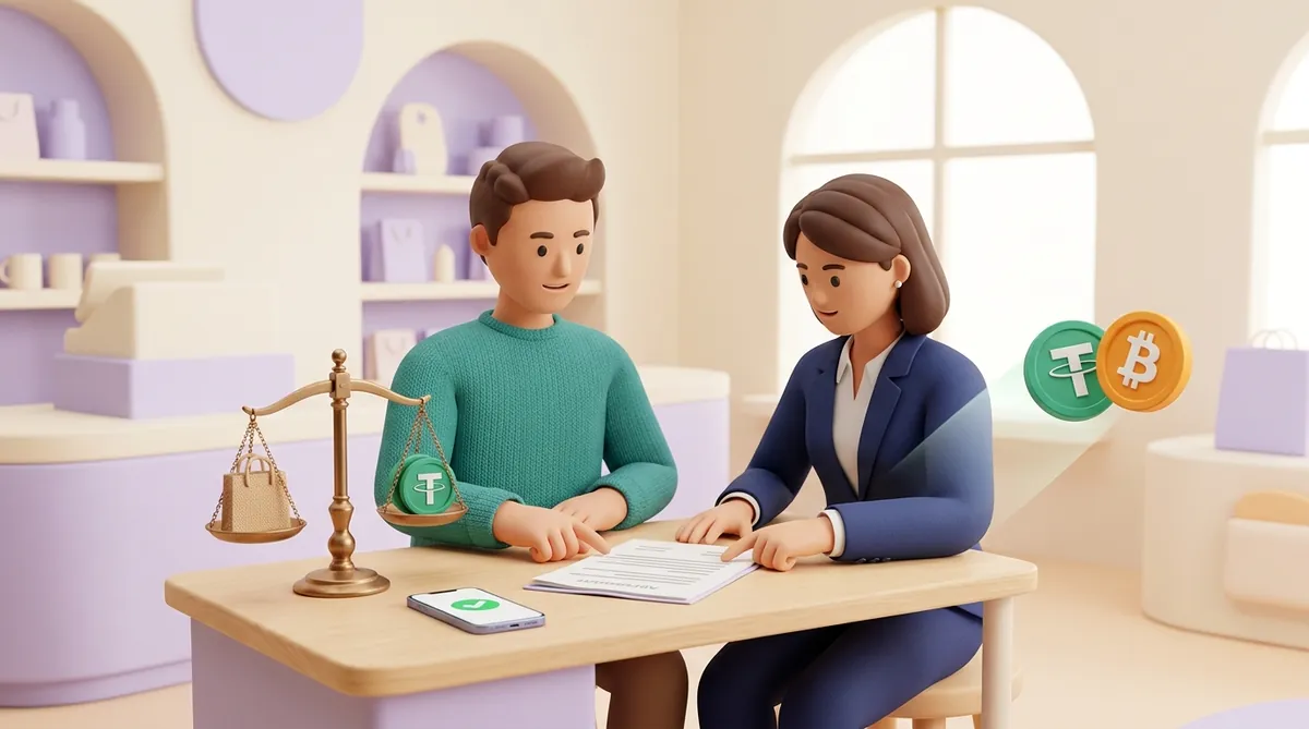 A shop owner and a lawyer review an agreement at a desk, with small scales of justice holding a shopping bag and a USDT coin, a phone showing a green checkmark, and USDT and bitcoin coins floating nearby
