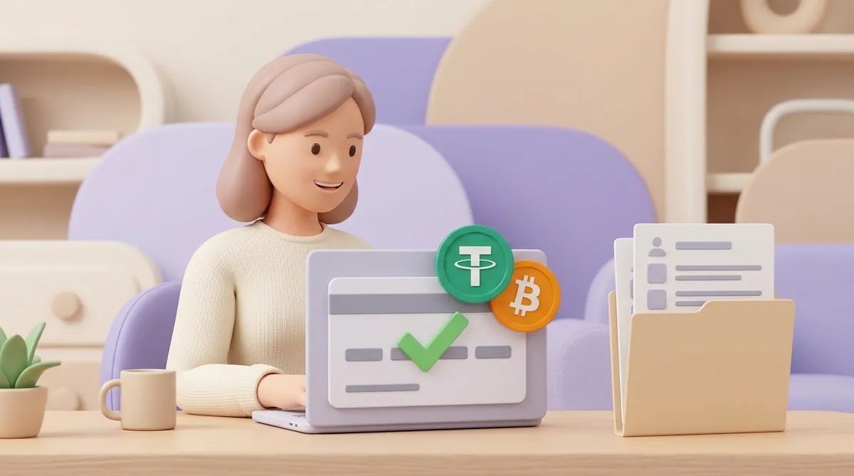 A shop owner at a laptop sees a crypto payment confirmed with a green checkmark, with USDT and bitcoin coins on the screen and a paper folder on the desk