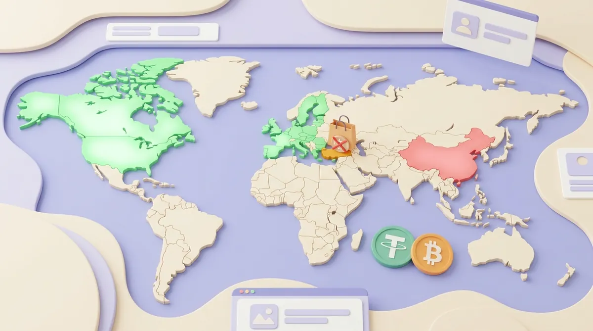 A world map with North America and Europe in green, Turkey in amber with a crossed-out coin over a shopping bag, and China in red; USDT and bitcoin coins stand at the edge
