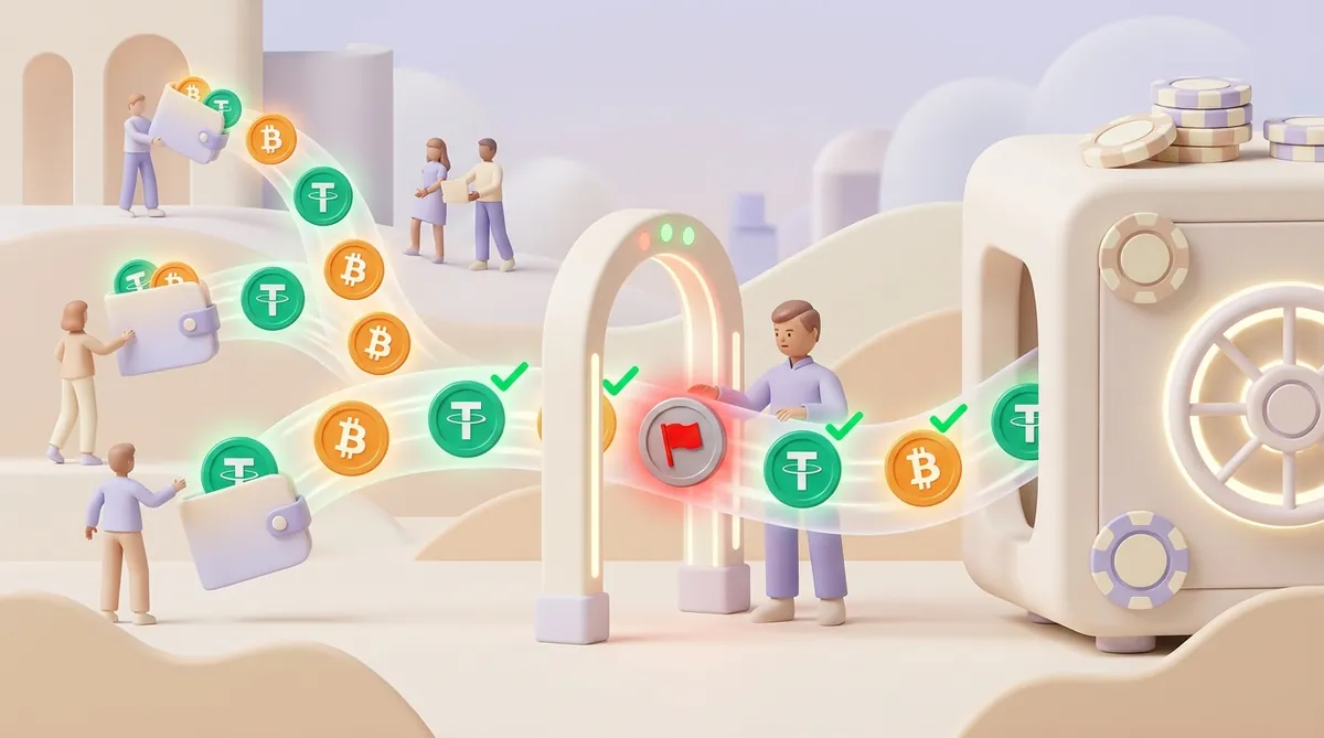 Coins from player wallets pass a checkpoint on the way to a casino vault: USDT and bitcoin coins go through with green ticks, and one coin with a red flag is held at the gate
