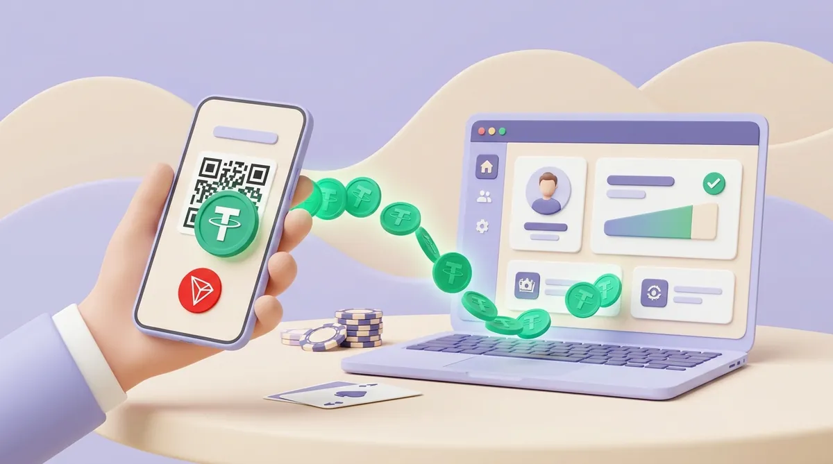 A player's phone shows a casino deposit screen with a QR code, the USDT coin and the TRON logo, while USDT coins flow to the casino back office on a laptop and the balance gets a green check