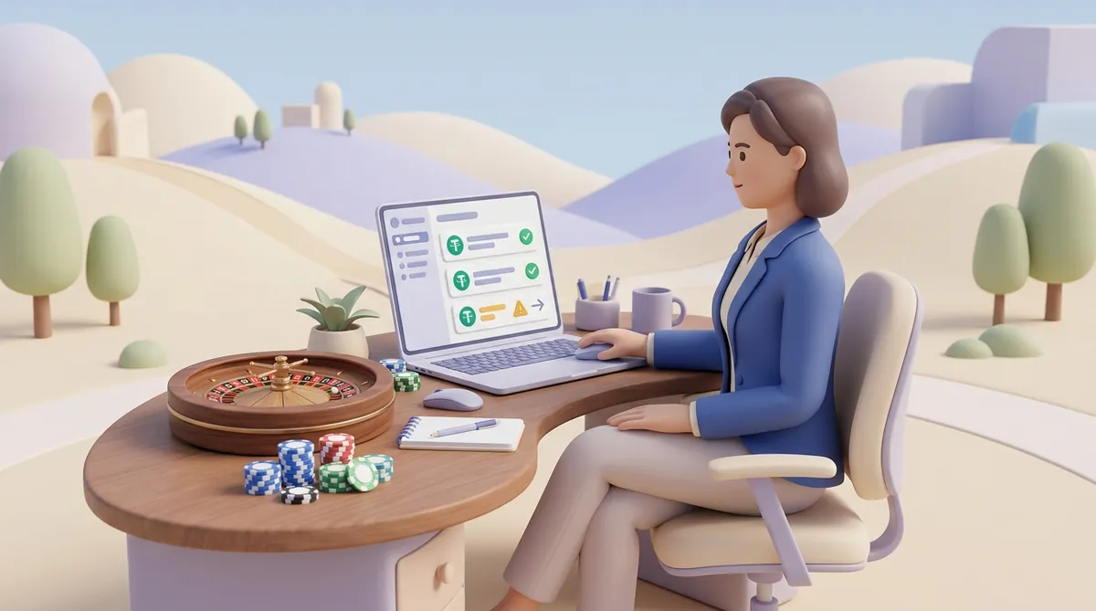 A casino payments manager tests the crypto cashier on a laptop: USDT payments marked as confirmed, one short payment flagged, roulette and chips on the desk