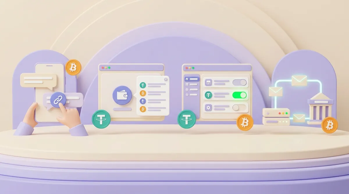Four ways to take crypto on a website side by side: a payment link sent in a chat, a pay button opening a payment window, a store admin panel with crypto switched on, and a server exchanging notifications with a payment service, with USDT and bitcoin coins in each