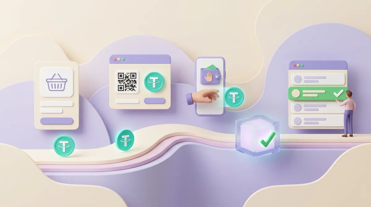 The path of one crypto payment: an order, a payment window with a QR code and USDT, a phone wallet sending USDT, a confirmed blockchain block, and the order marked paid in the shop's admin panel