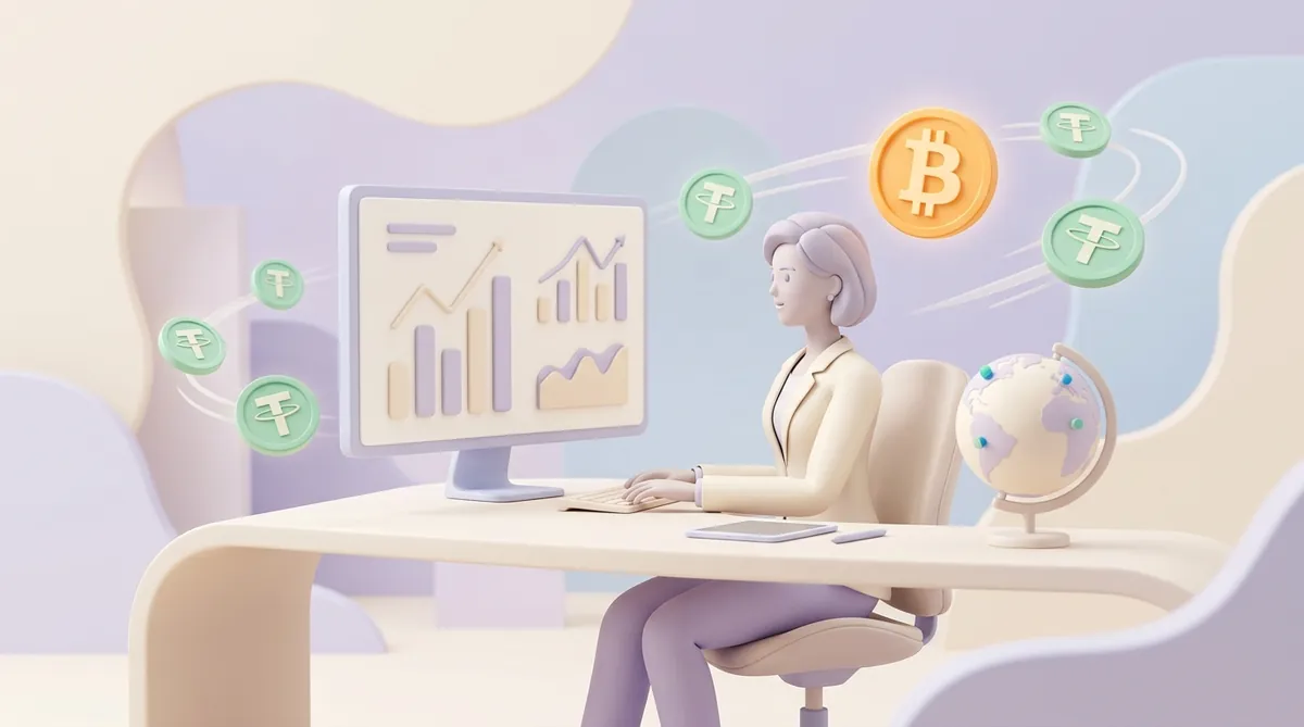 A woman at a desk studies simple bar and line charts on a monitor, with an orange bitcoin coin and green USDT coins floating around her and a globe on the desk