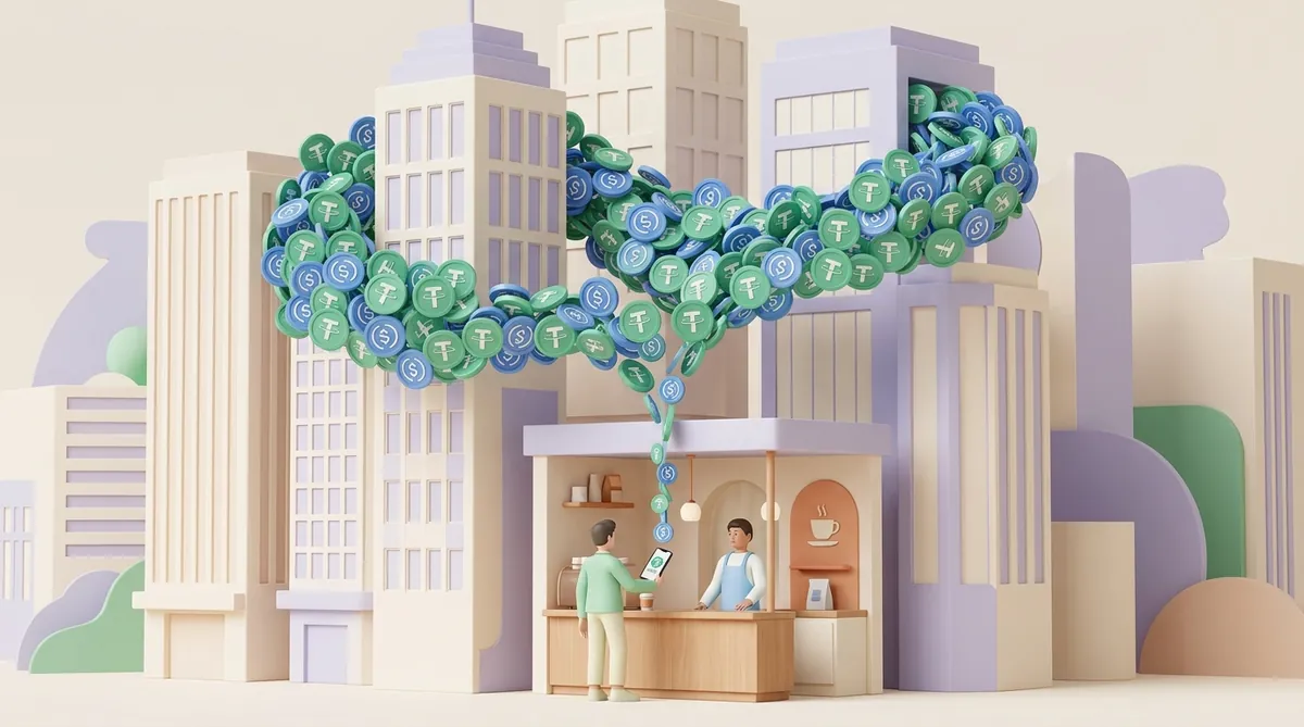 A huge stream of green USDT and blue USDC coins swirls between tall buildings, and only a thin trickle reaches a café where a customer pays with a phone