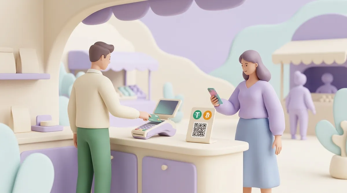 At a shop counter one customer pays by card at the terminal while another scans a QR code on a stand with the USDT and bitcoin logos