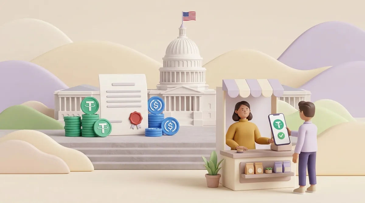 A shop owner at a small stall accepts a payment from a customer whose phone shows the green USDT logo, while behind them stacks of green USDT and blue USDC coins stand beside a sealed official document in front of the US Capitol