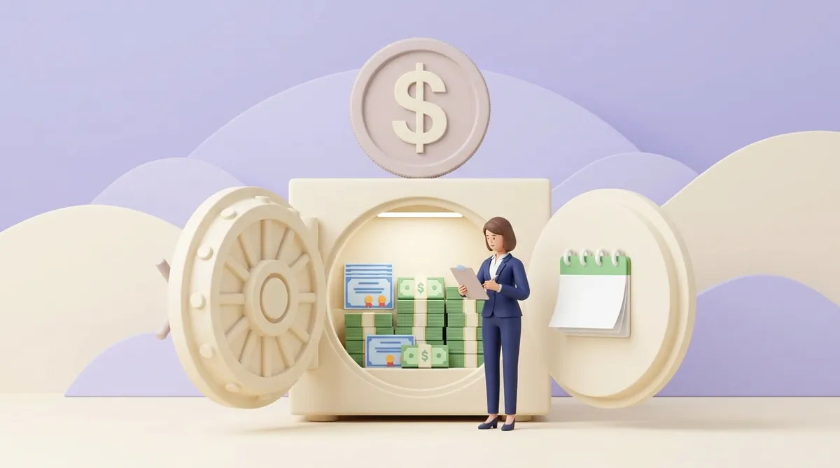 A large dollar coin sits on top of an open bank vault filled with stacks of dollar bills and bond certificates, while an inspector with a clipboard checks them next to a wall calendar