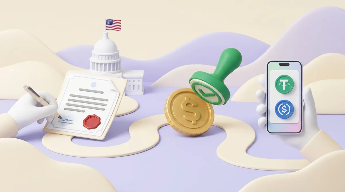 A winding path across pastel hills: a hand signs a sealed document by the US Capitol, a coin with a dollar sign gets a green check-mark stamp, and at the end a phone shows an exchange app with only USDT and USDC coins