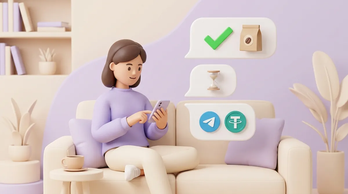 A woman on a sofa looks at her phone while three chat bubbles rise from it: the Telegram logo with a USDT coin, an hourglass, and a green checkmark next to a bag of coffee