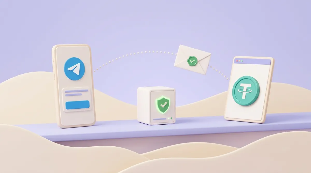 Телефон с чатом Telegram, сервер со щитом и зелёной галочкой и страница оплаты с монетой USDT стоят в ряд, а над ними летит запечатанный конверт с зелёной печатью-галочкой