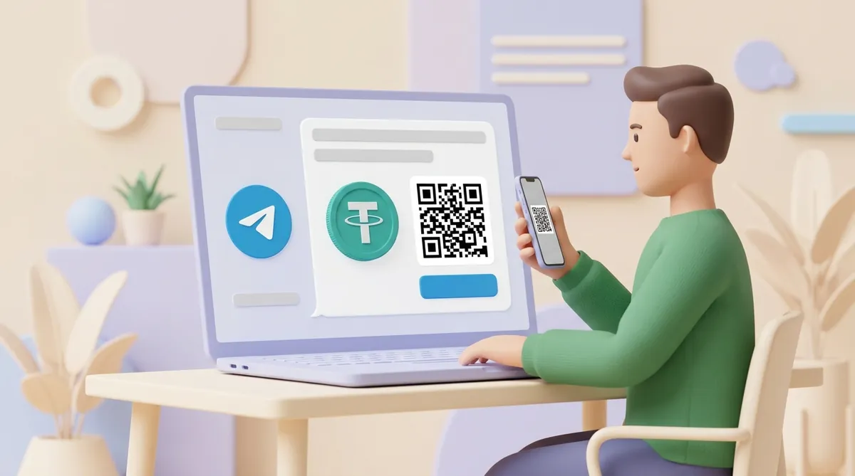 Мужчина за столом наводит телефон на QR-код в сообщении Telegram-бота на экране ноутбука; в сообщении — знак Telegram, монета USDT и кнопка оплаты