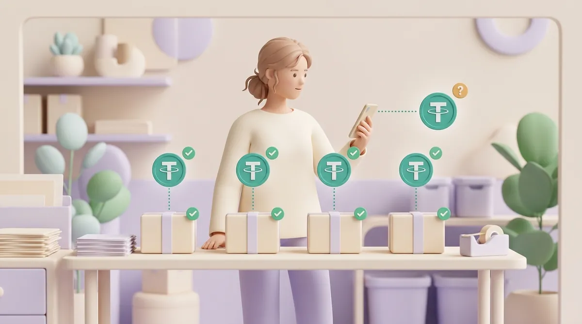 A woman at a packing table with four parcels: above each hangs a USDT coin linked to it by a dotted line and a green checkmark, while one more USDT coin with no parcel under it is marked with a yellow question mark as she checks her phone