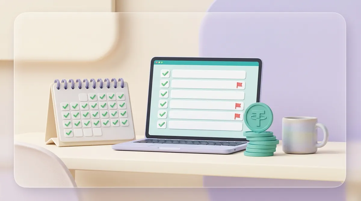 A work desk with a desk calendar ticked green on every day, a laptop showing a list where most rows have checkmarks and three carry red flags, a stack of coins with the Tether symbol, and a mug