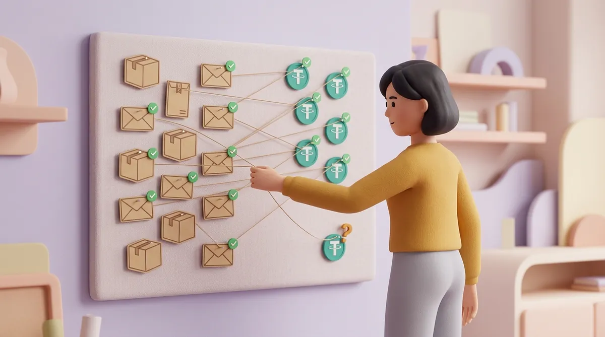 A woman in a mustard sweater strings threads across a pinboard from parcels and envelopes on the left to USDT coins on the right, each pair marked with a green checkmark, while one USDT coin at the bottom has no thread yet and a question mark