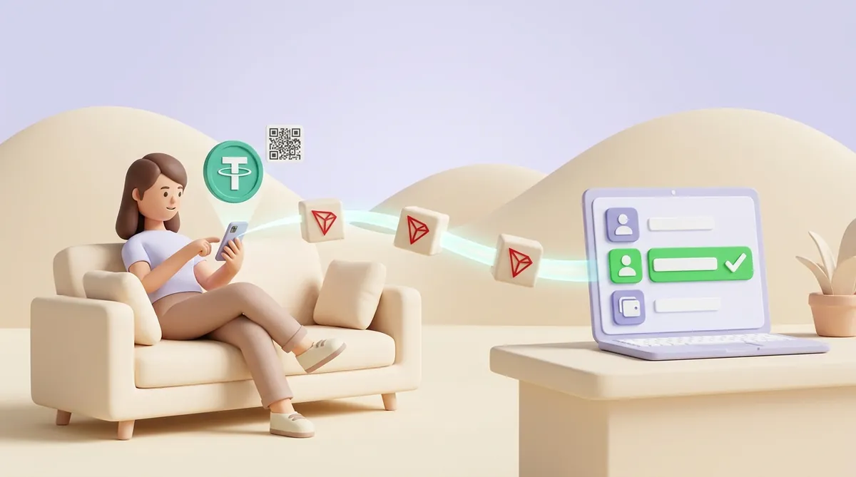A shopper on a sofa pays in USDT from her phone; the payment passes through TRON network blocks to the seller's laptop, where the order turns green with a checkmark