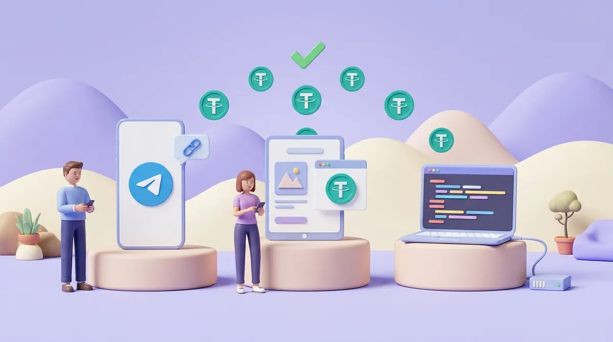 Three ways to connect a crypto payment gateway: a payment link in a Telegram chat, a checkout window on a shop page, and code on a laptop linked to a server, all ending in a USDT payment