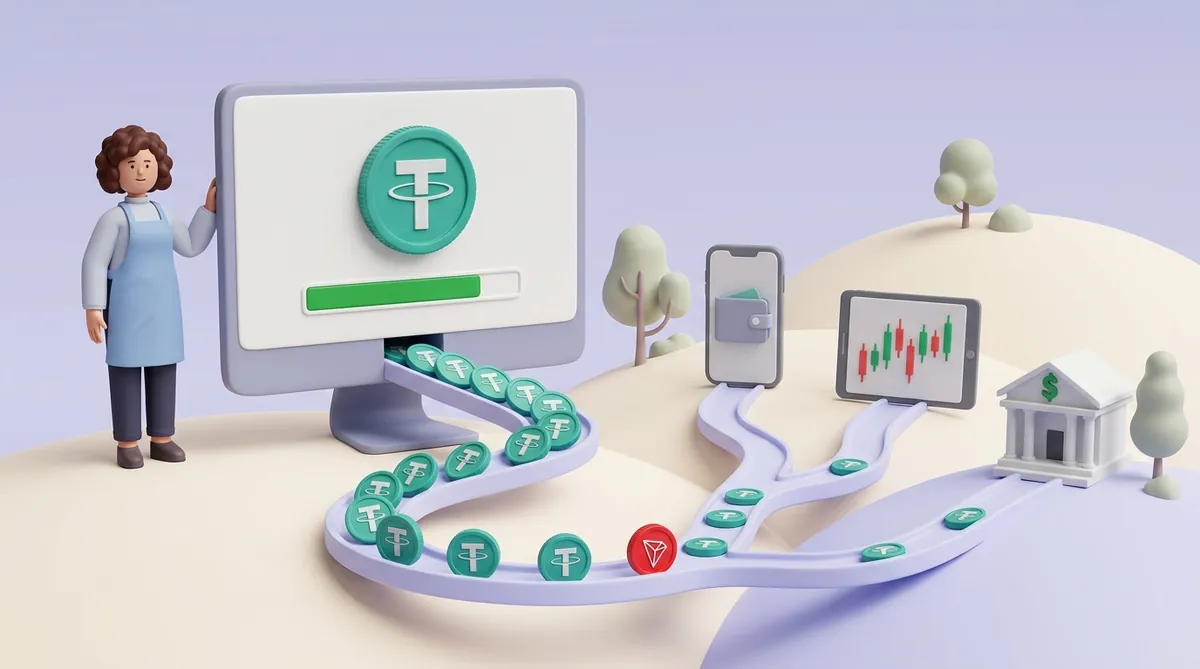 A seller beside a monitor showing a USDT balance; coins travel along a TRON-marked track to a phone wallet, an exchange and a bank