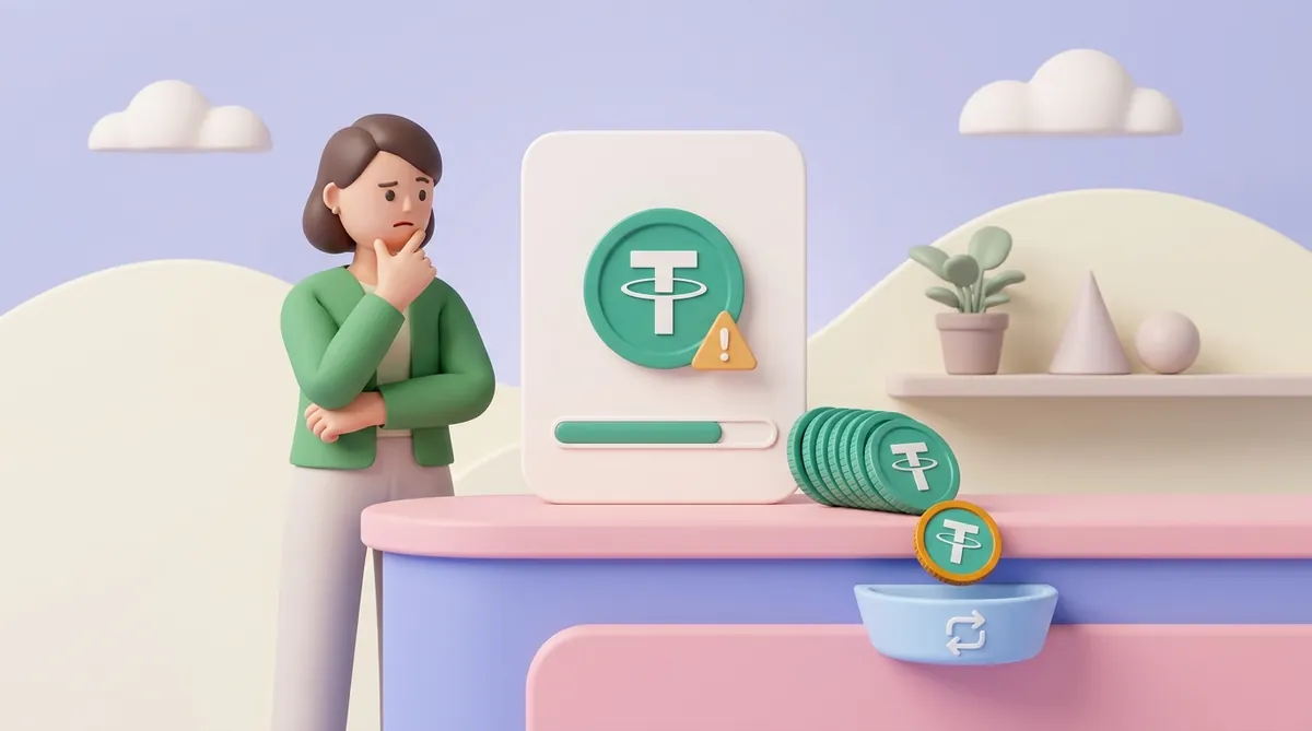 A puzzled seller looks at a USDT invoice with an amber warning and an almost full progress bar, while one coin drops into an exchange-fee dish