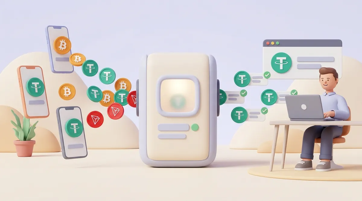 Coins from several customers' phones, bitcoin, USDT and TRON, flow into a crypto payment gateway, which passes them on as USDT payments with green checkmarks to a seller at a laptop