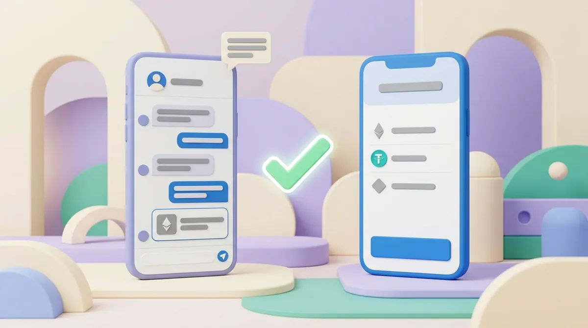 Two smartphones: on the first, a payment link sent in a chat; on the second, the payment page it opens, with a blue button and a USDT coin among the payment options, and a green checkmark between them