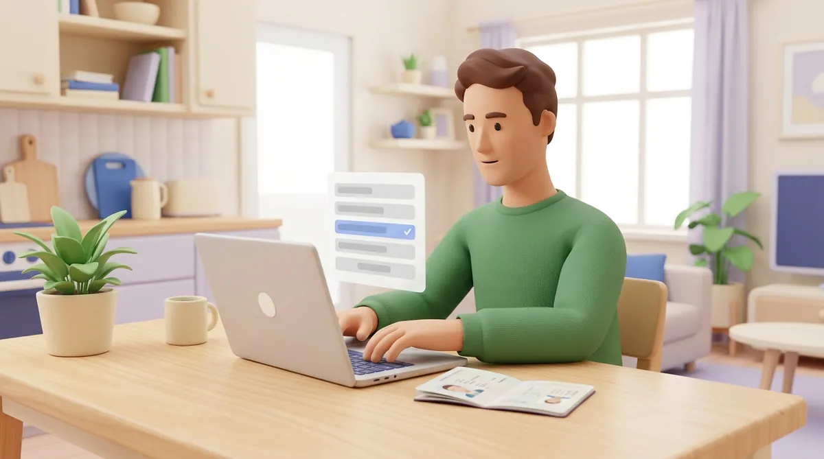 A man in a green sweater at a kitchen table fills in a payment account sign-up on his laptop, his passport open beside it, with one option on the form marked by a blue check