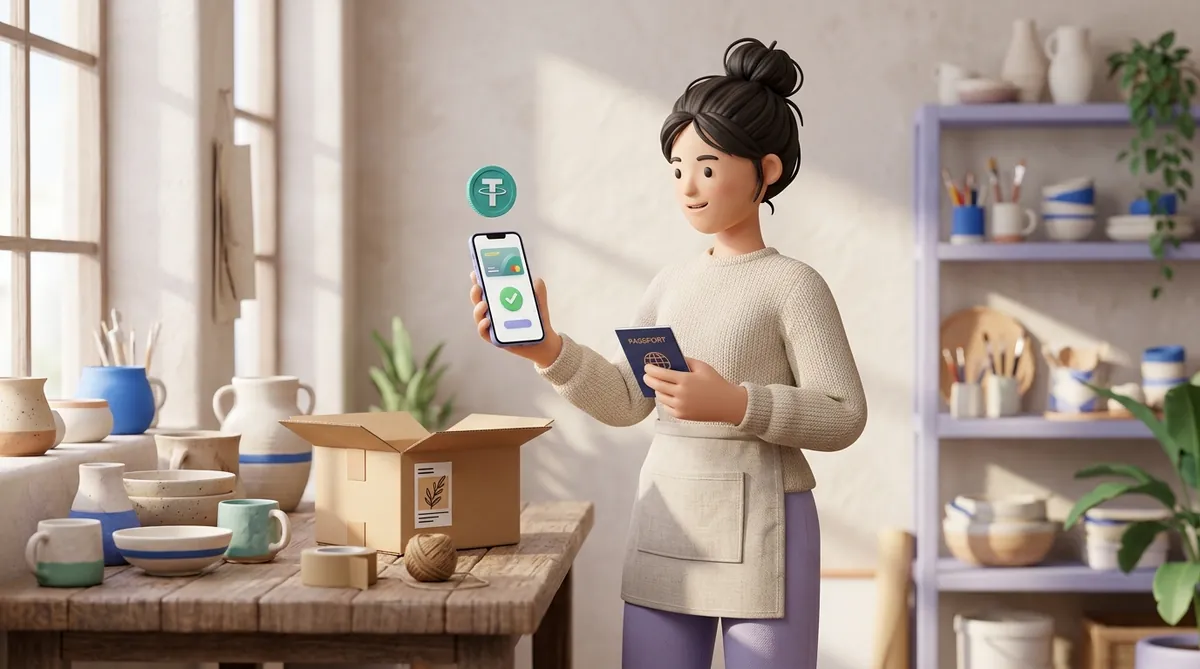 A ceramicist in her home studio holds a smartphone showing a green checkmark for an accepted payment, with a USDT coin above it, and her passport in the other hand, next to a workbench with pots and a packed parcel