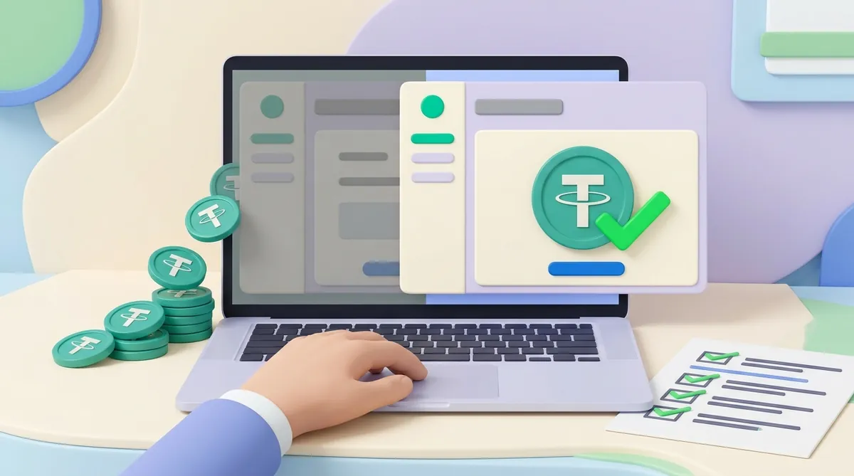 Ноутбук с двумя панелями платёжных сервисов: из тусклой старой монеты USDT уходят стопкой, на яркой новой — монета USDT и зелёная галочка принятого платежа, рядом лежит чек-лист с отмеченными пунктами