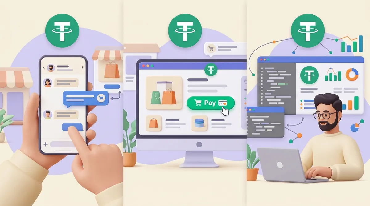Three ways to take a USDT payment: a payment link sent in a chat on a phone, a pay button on a shop web page, and a developer working with an API dashboard