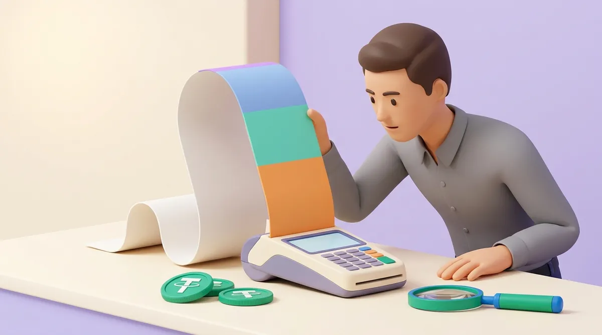 A merchant inspects a long receipt coming out of a payment terminal, split into a thin top band and three wider colour bands, with USDT coins and a magnifying glass on the desk