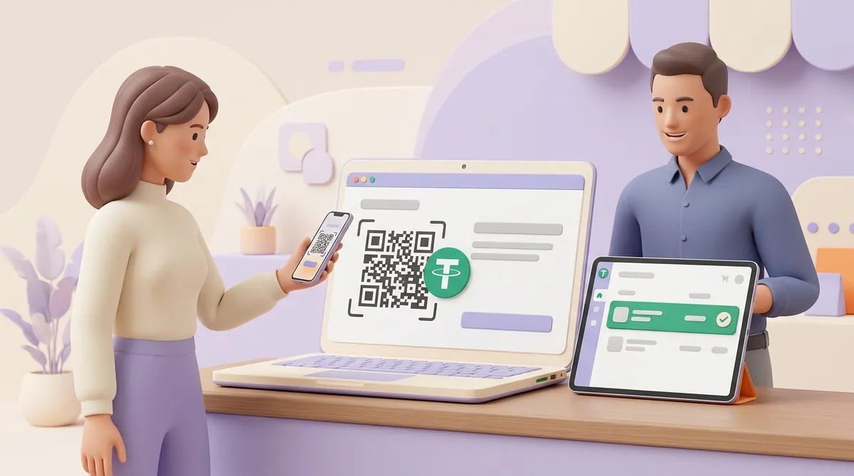 A customer scans a QR code with a USDT logo on a laptop checkout page with her phone, while the shop owner's tablet beside it shows the order marked paid with a green check