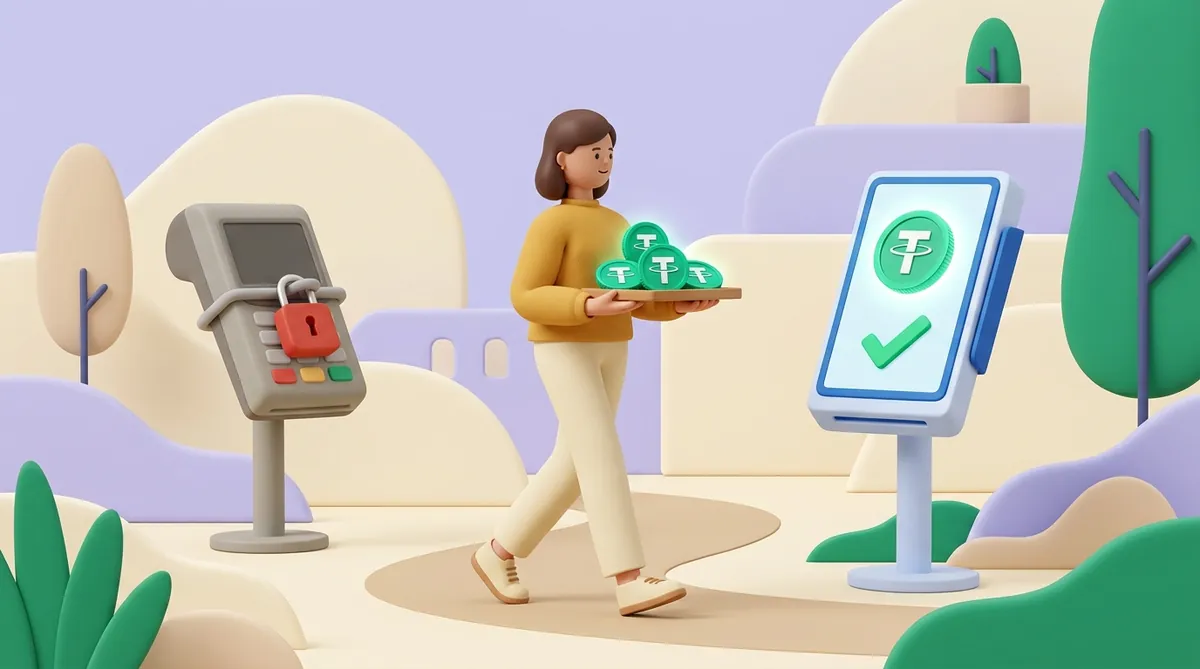A woman in a mustard sweater carries a tray of USDT coins away from an old grey payment terminal locked with a red padlock toward a new terminal whose screen shows a USDT coin and a green checkmark