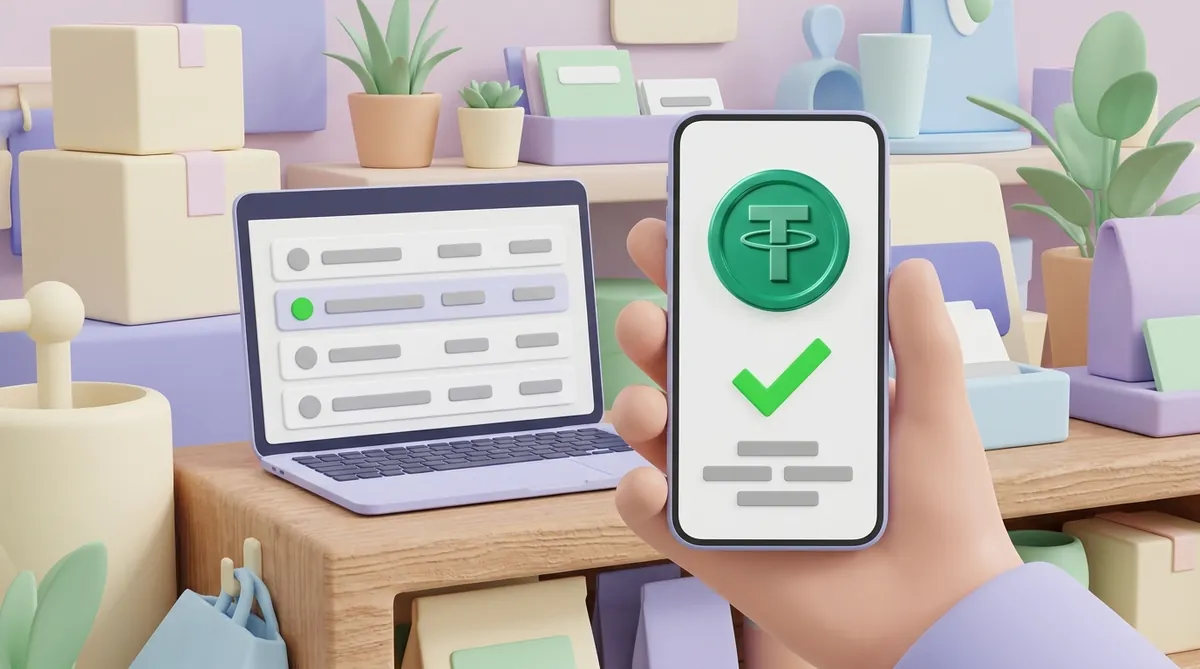 A hand holds a smartphone showing a crypto checkout with a USDT coin and a large green checkmark, with a laptop on the shop counter behind it listing orders, one marked with a green dot