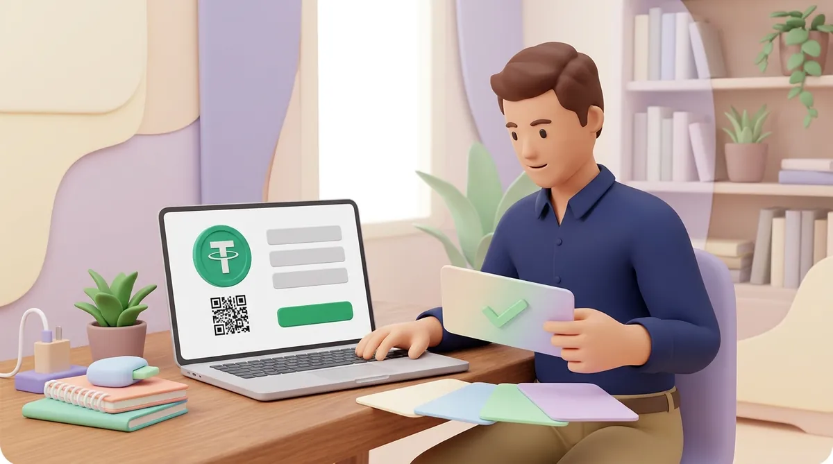 A man in a navy shirt at his desk picks a payment service: his laptop shows a payment page with a USDT coin and a QR code, and he holds up one of several pastel cards marked with a green checkmark while the rest lie fanned out on the desk