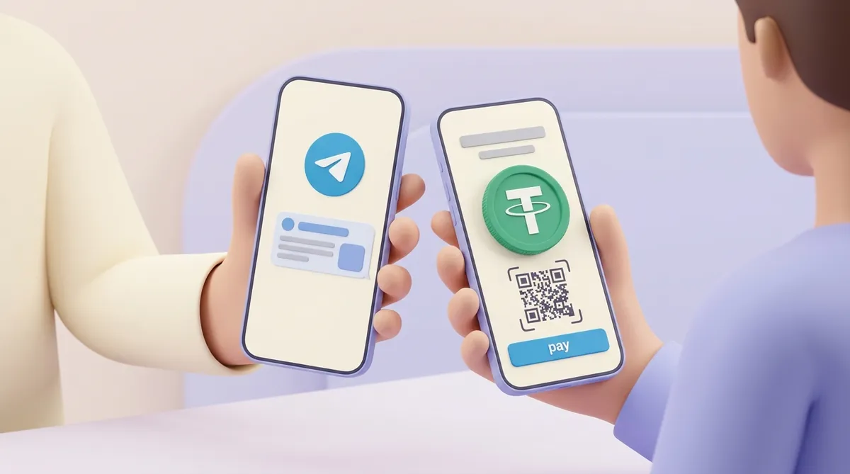 A hand holds a phone with a Telegram chat and a payment link, next to a customer's phone showing the payment page with a USDT coin, a QR code and a pay button