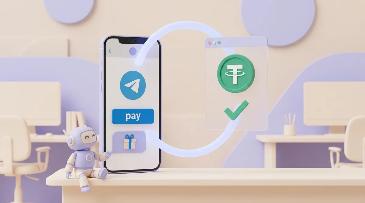 A Telegram bot chat with a pay button, a payment page with a USDT coin and a green checkmark, and the bot's reply delivering the order
