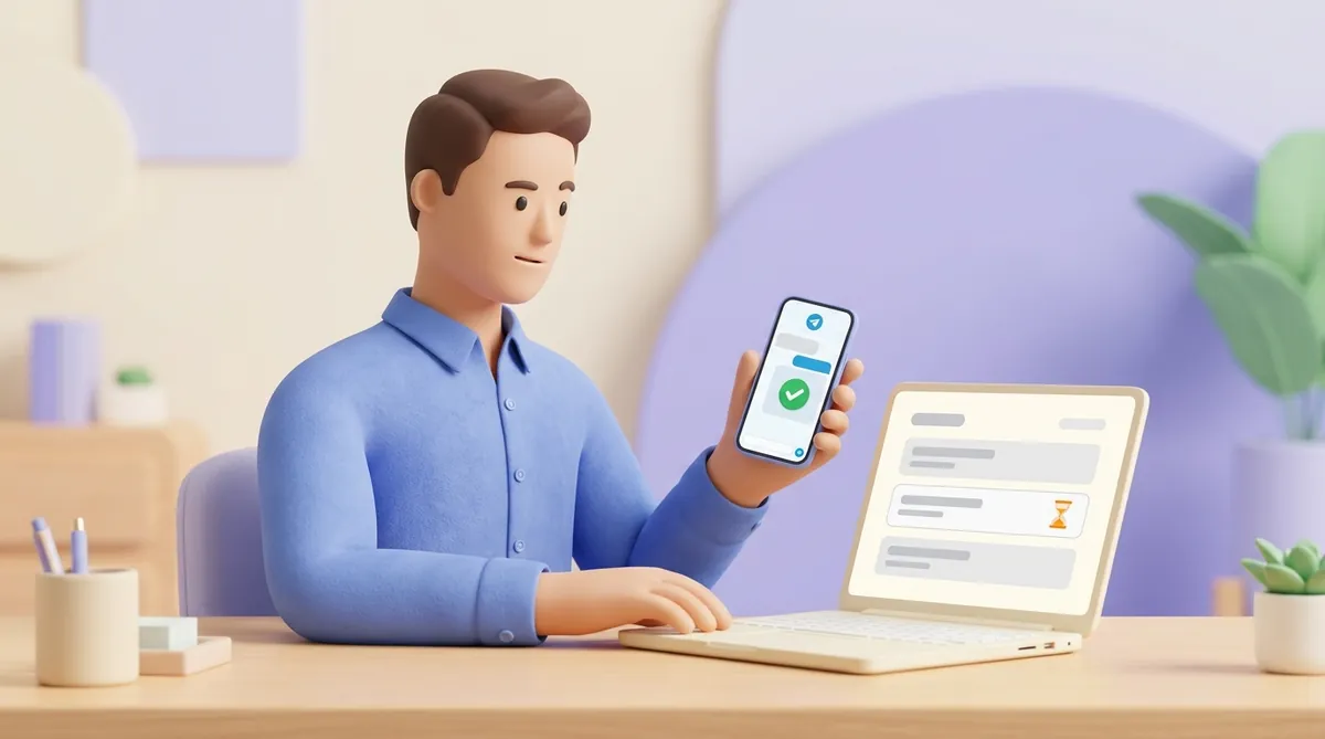 A seller holds a phone with a customer's payment screenshot in Telegram while the laptop dashboard still shows the order as awaiting payment