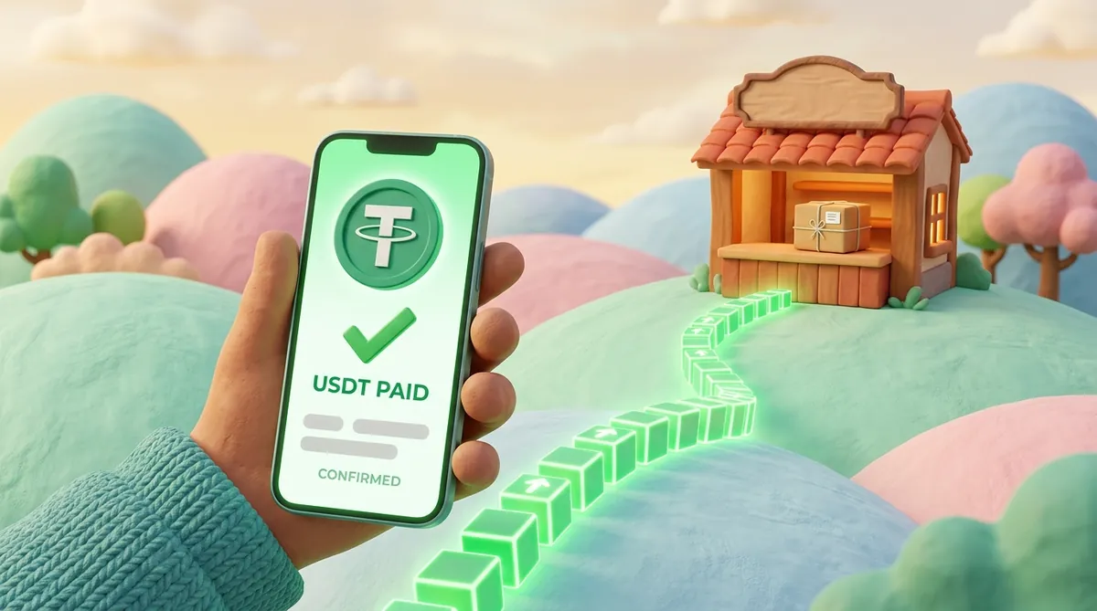 Рука держит телефон с зелёной монетой USDT, галочкой и отметкой об оплате; от телефона через пастельные холмы к маленькому магазину с посылкой на прилавке ведёт дорожка из светящихся зелёных блоков