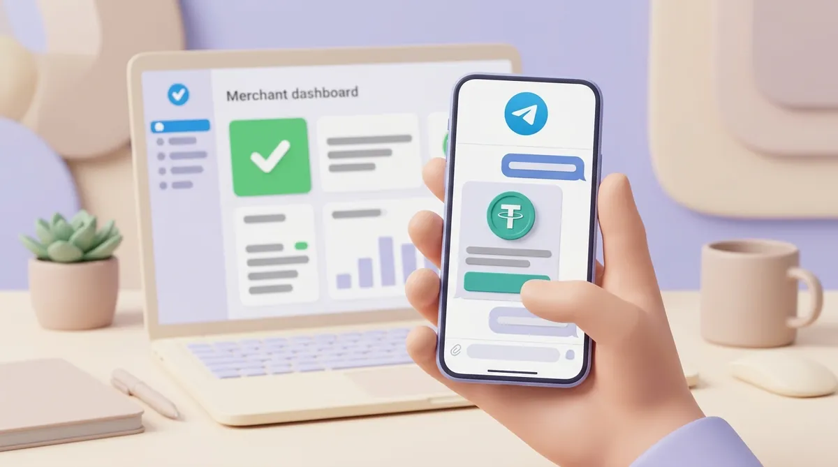 A hand holds a phone with a Telegram chat where a shop bot has sent a message with a USDT coin and a payment button, and behind it a laptop shows a merchant dashboard with a green checkmark